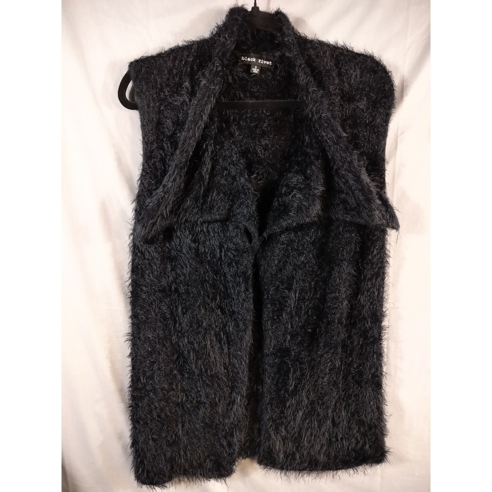 Black Rivet Vest Women Small Black Faux Fur Shaggy Eyelash Knit Goth Glam Chic